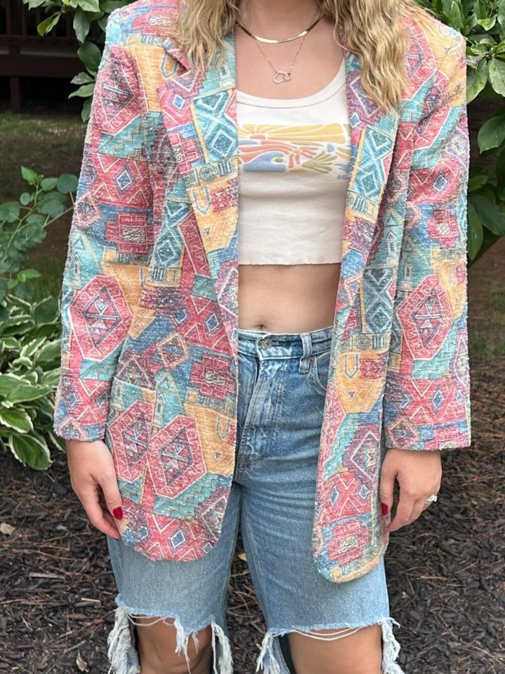 VINTAGE CAC Southwestern Tapestry Blazer Jacket Pastel Geometric Made in USA 12
